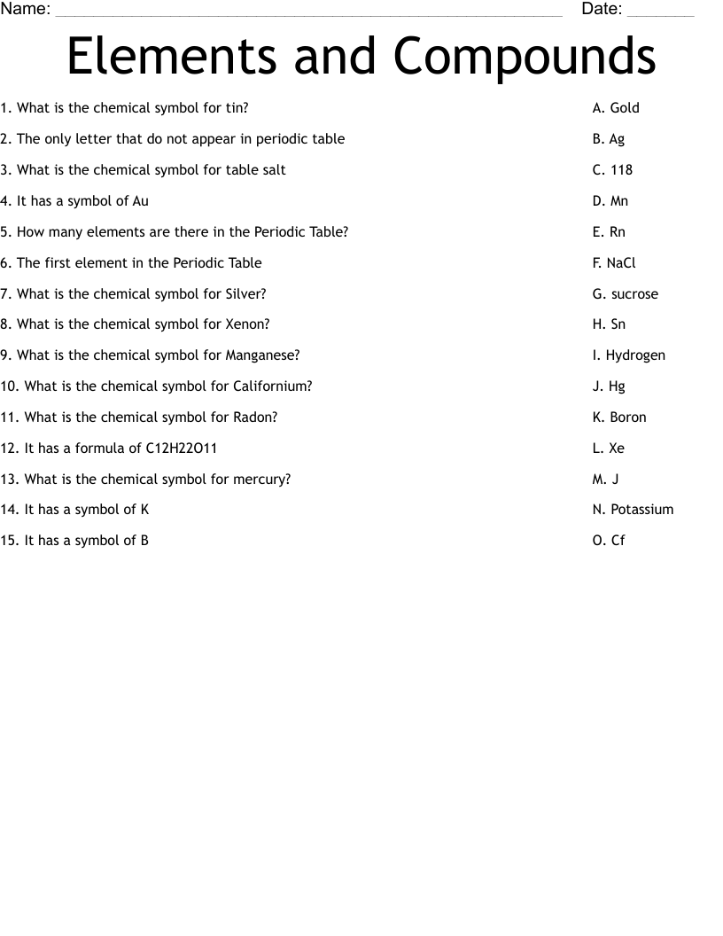 Elements and Compounds Worksheet