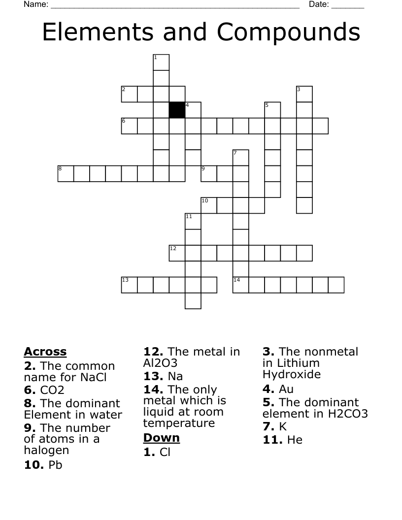 Elements and Compounds Crossword