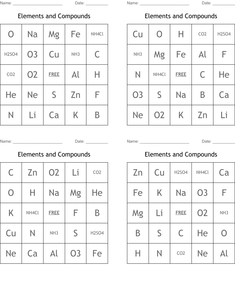 Elements and Compounds Bingo Cards
