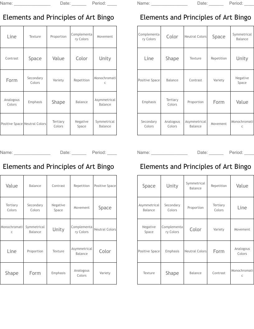 Elements and Principles of Art Bingo