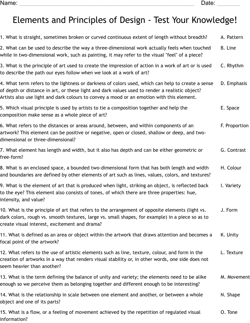 Elements and Principles of Design - Test Your Knowledge! Worksheet