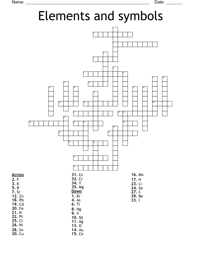 Elements and symbols Crossword