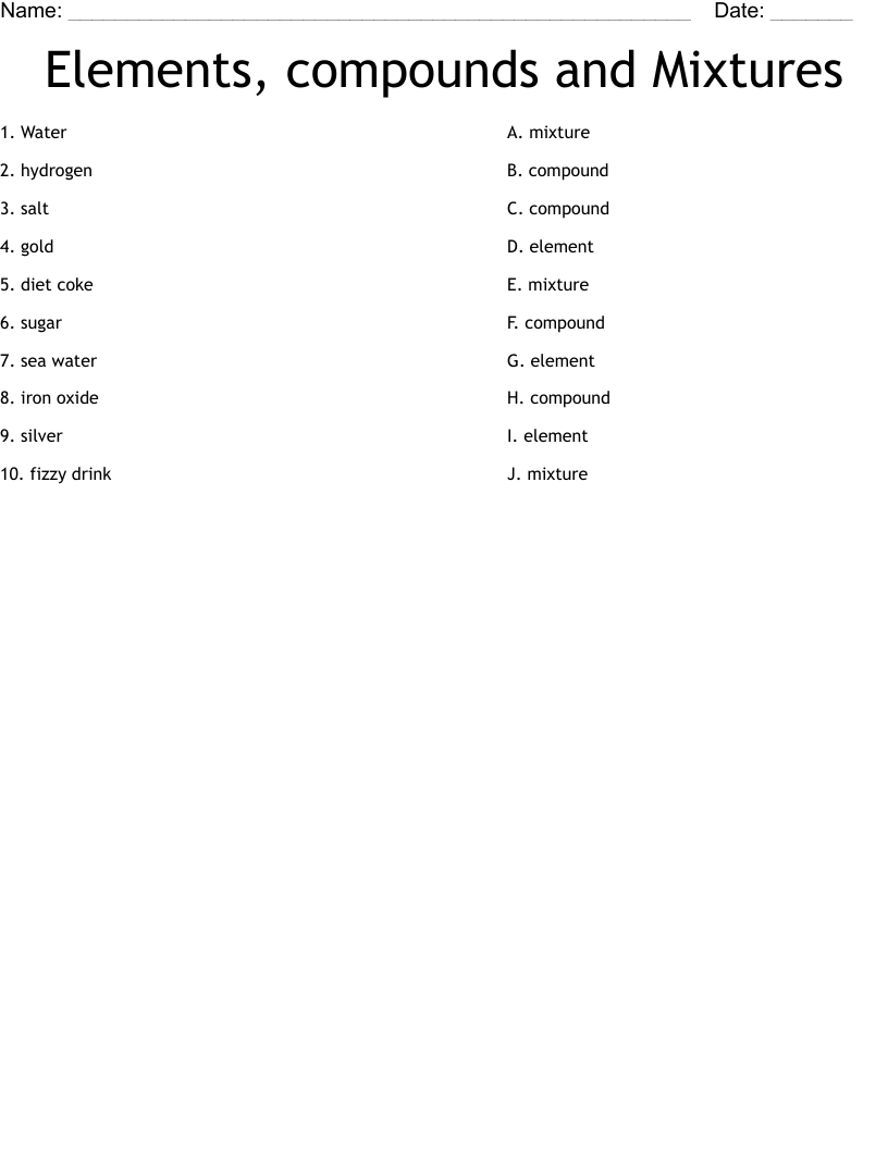 Elements, compounds and Mixtures Worksheet