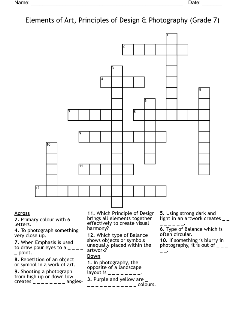 Elements of Art, Principles of Design & Photography (Grade 7) Crossword
