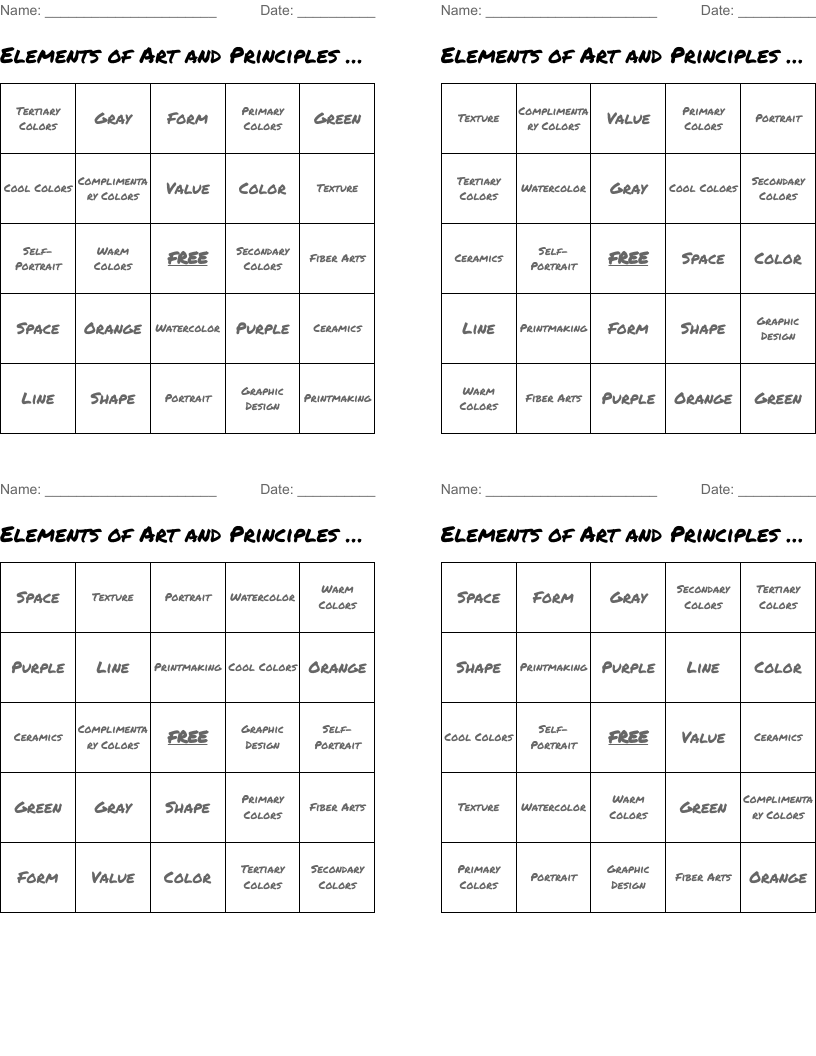 Elements of Art and Principles of Design Bingo