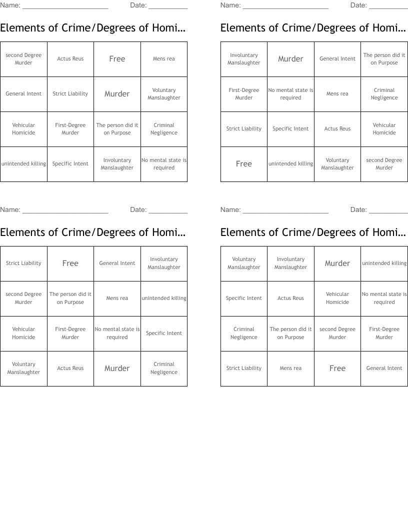 Elements of Crime/Degrees of Homicide Bingo Cards