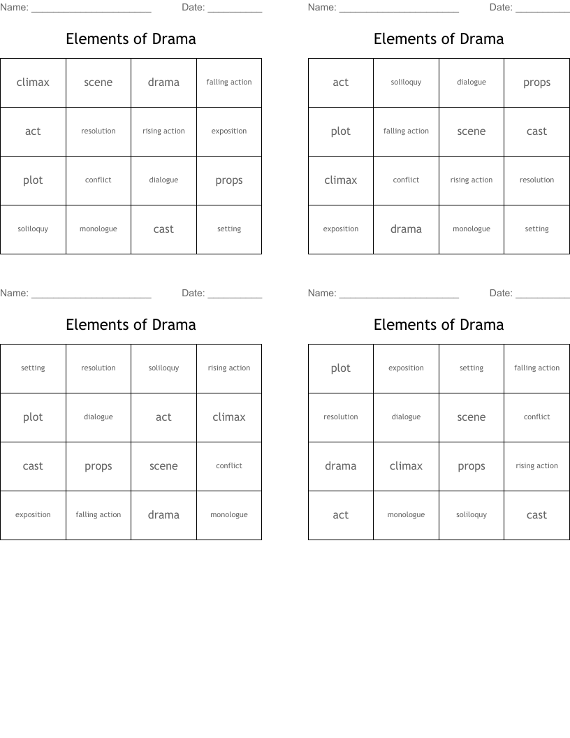 Elements of Drama Bingo Cards