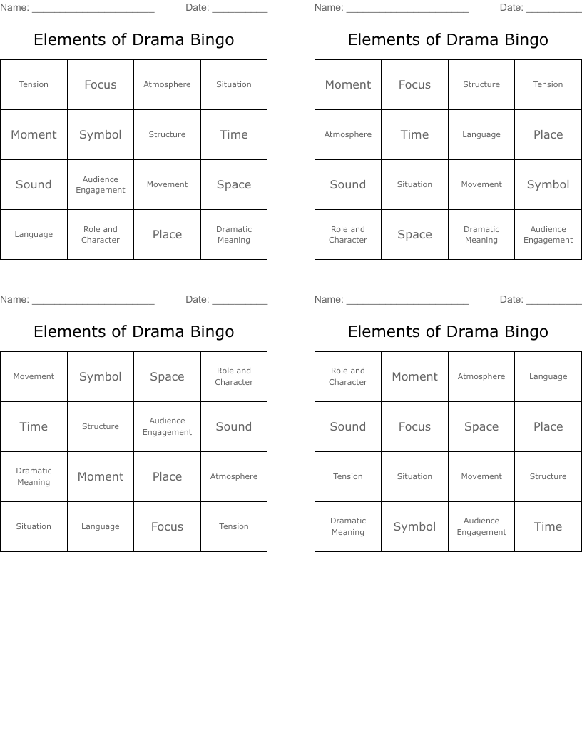 Elements of Drama Bingo