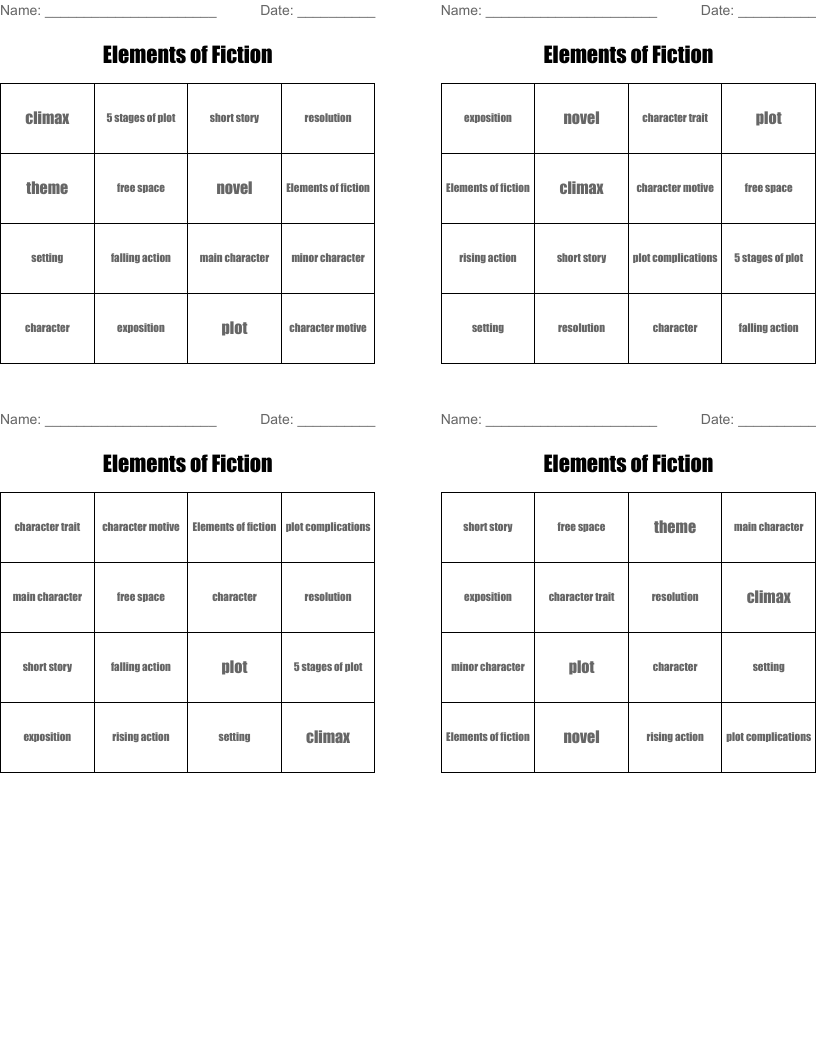 Elements of Fiction Bingo Cards