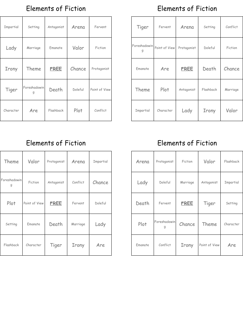 Elements of Fiction Bingo Cards