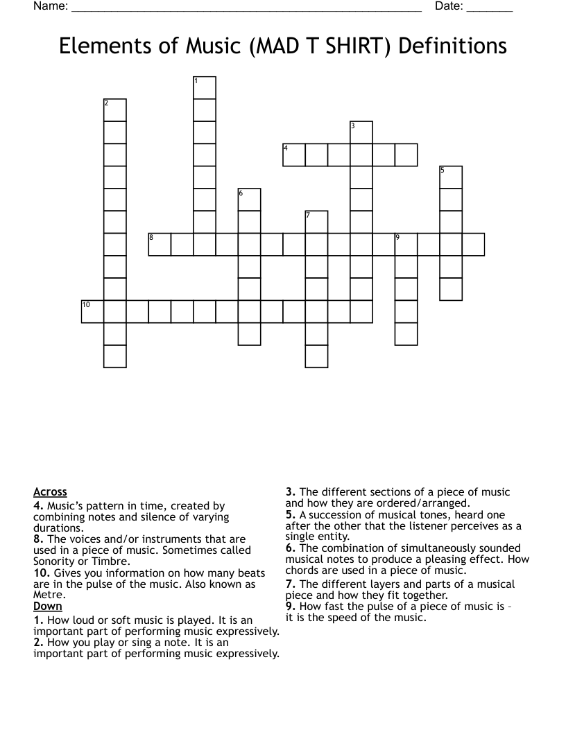 Elements of Music (MAD T SHIRT) Definitions Crossword