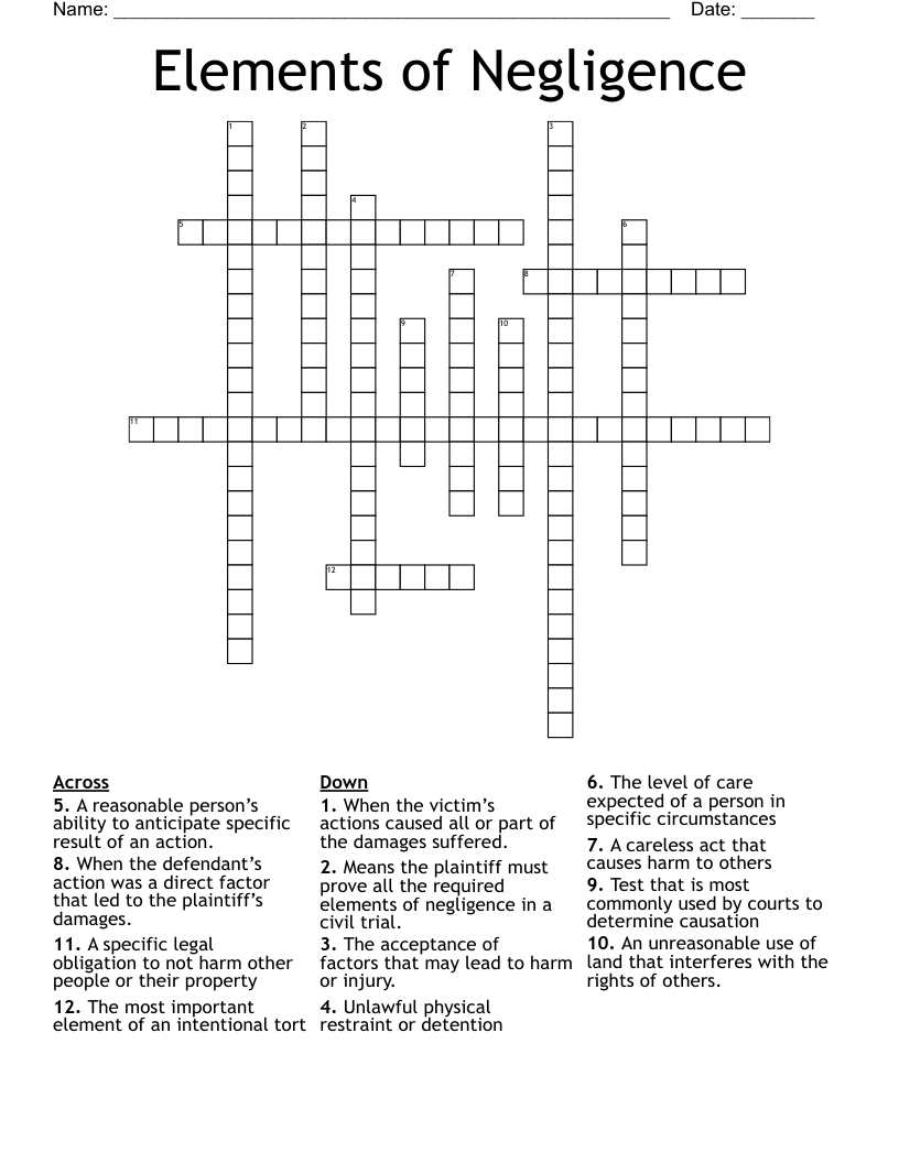 Elements of Negligence Crossword