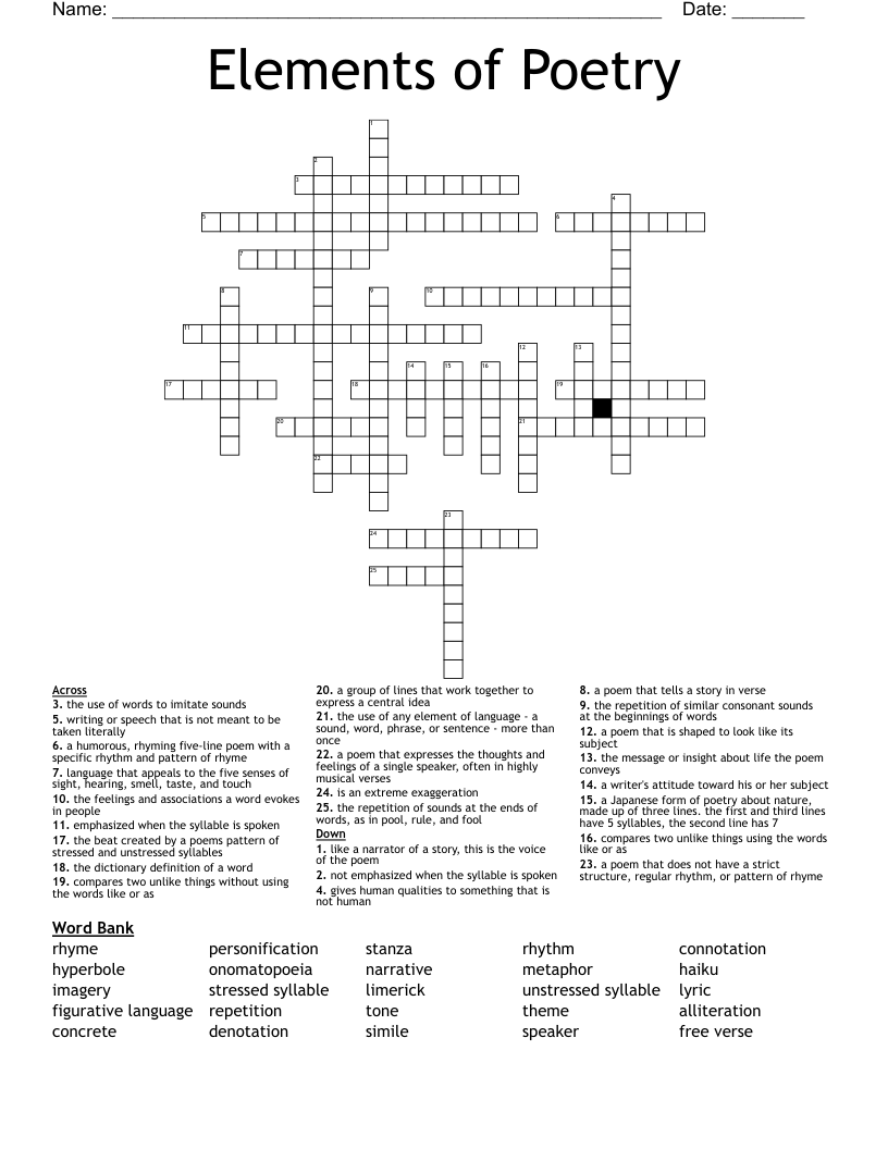 Elements of Poetry Crossword