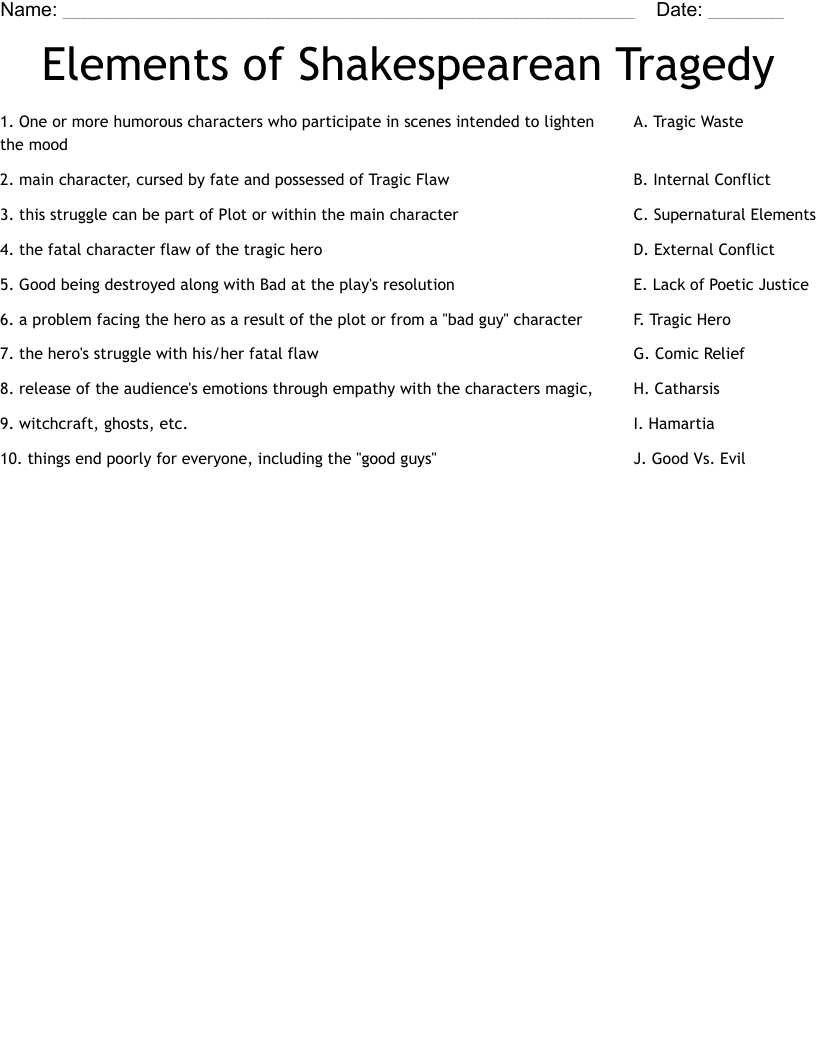 Elements of Shakespearean Tragedy Worksheet