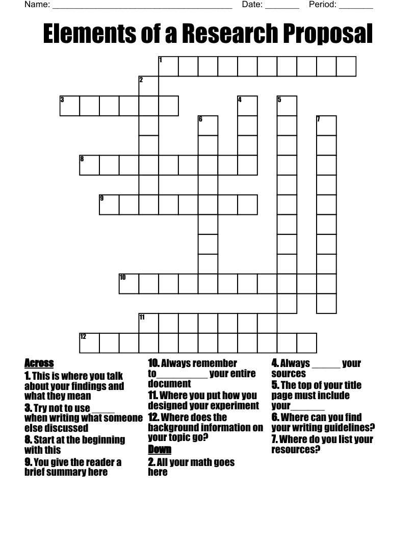 Elements of a Research Proposal Crossword