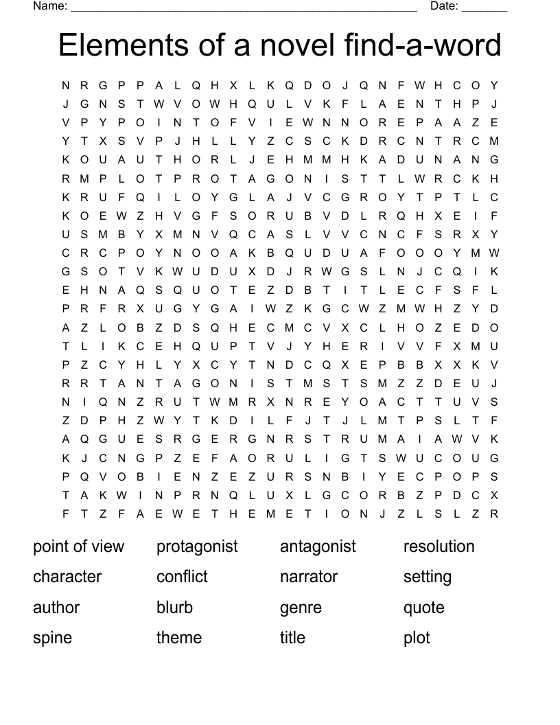 Elements of a novel find-a-word Word Search