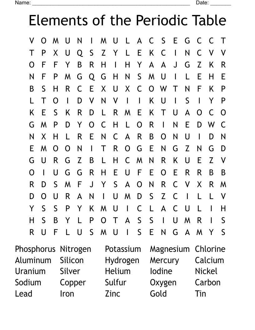 Elements of the Periodic Table  Word Search