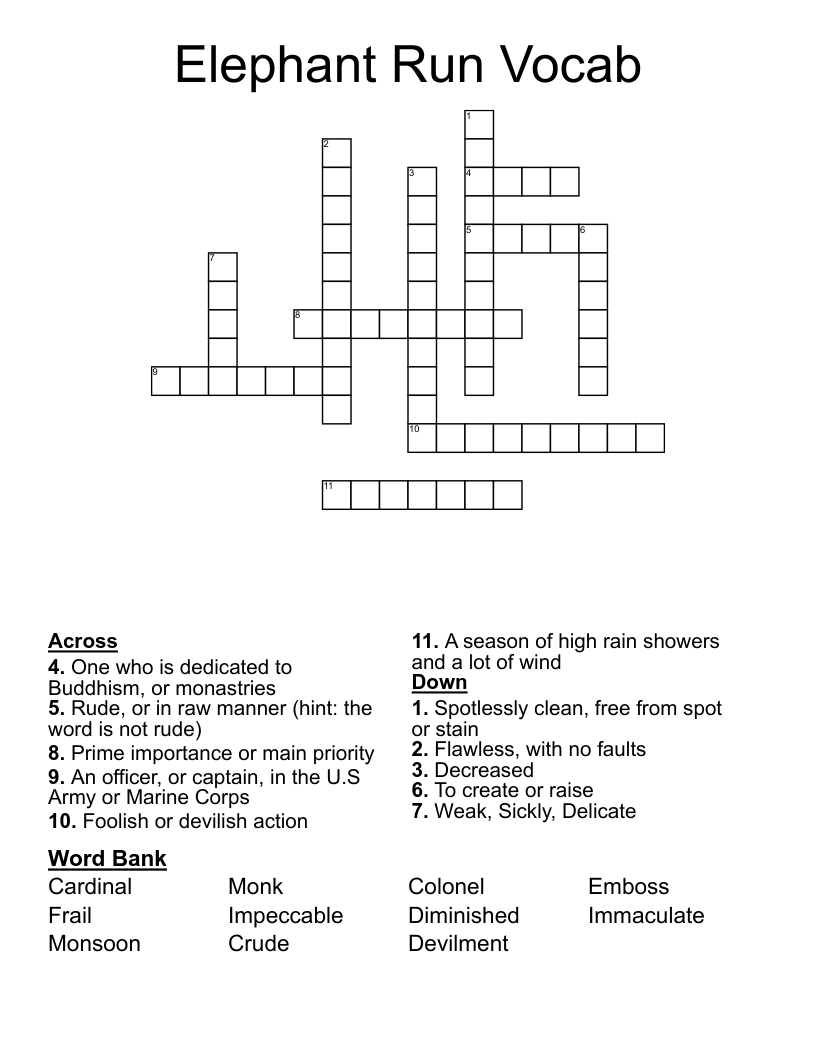Elephant Run Vocab Crossword
