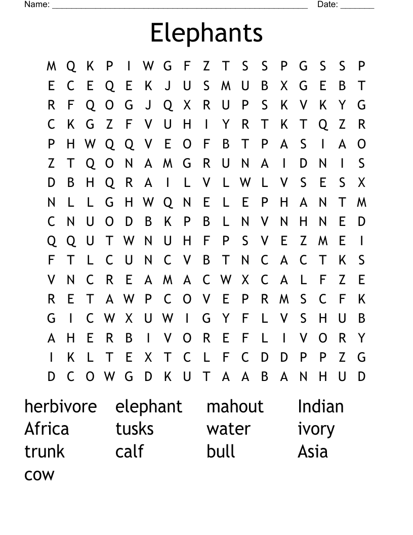 Elephants Word Search