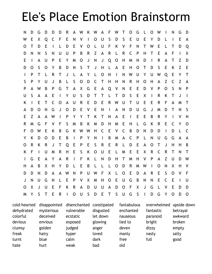 Ele's Place Emotion Brainstorm Word Search