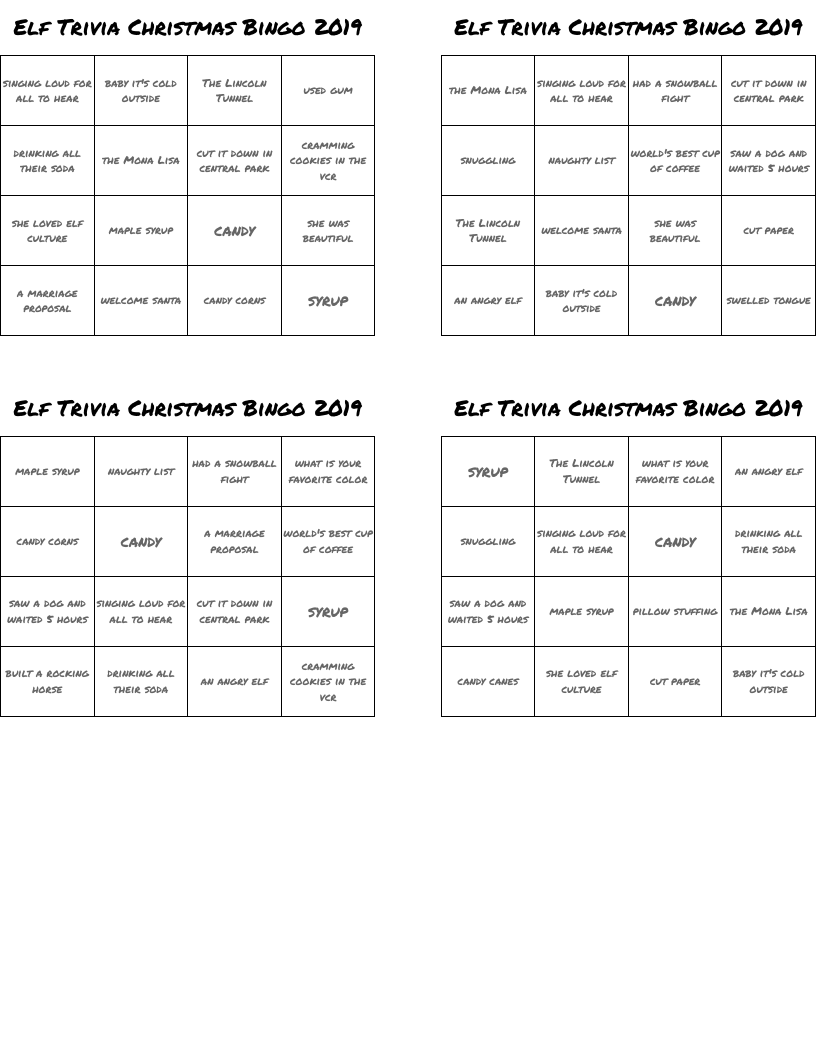 Elf Trivia Christmas Bingo 2019