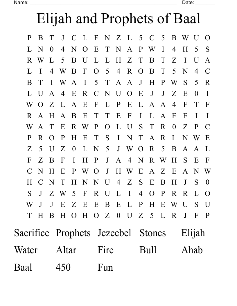 Elijah and Prophets of Baal Word Search