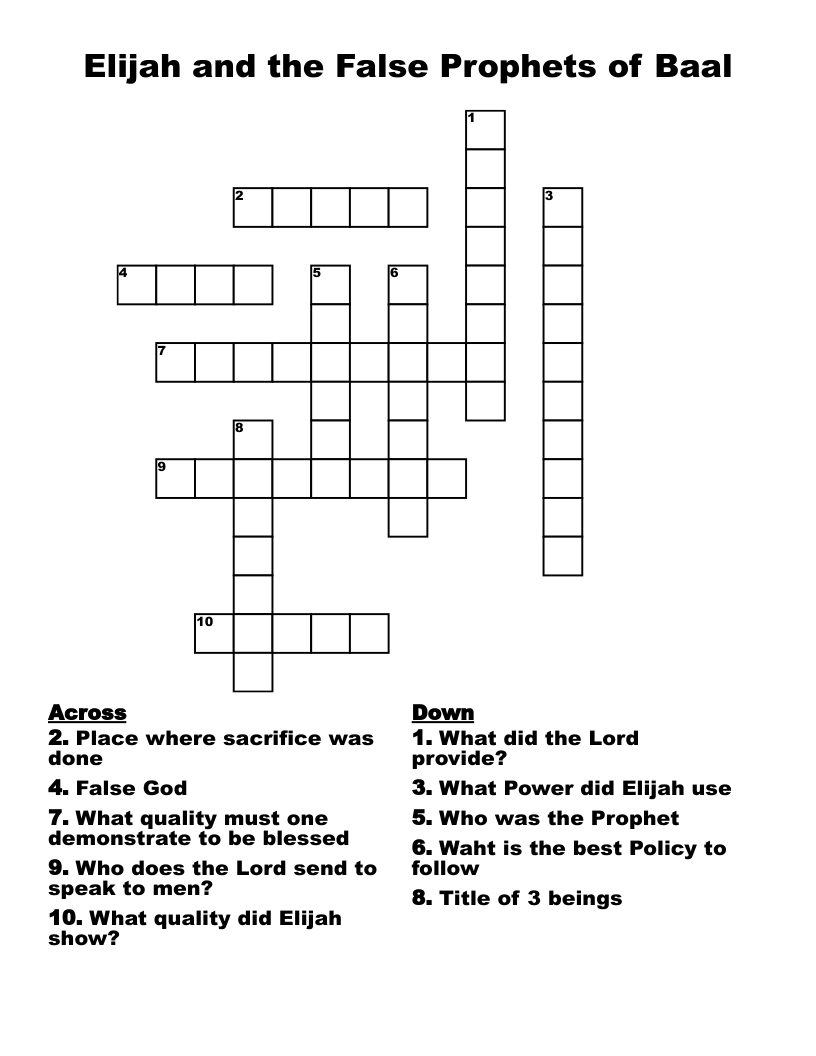 Elijah and the False Prophets of Baal Crossword