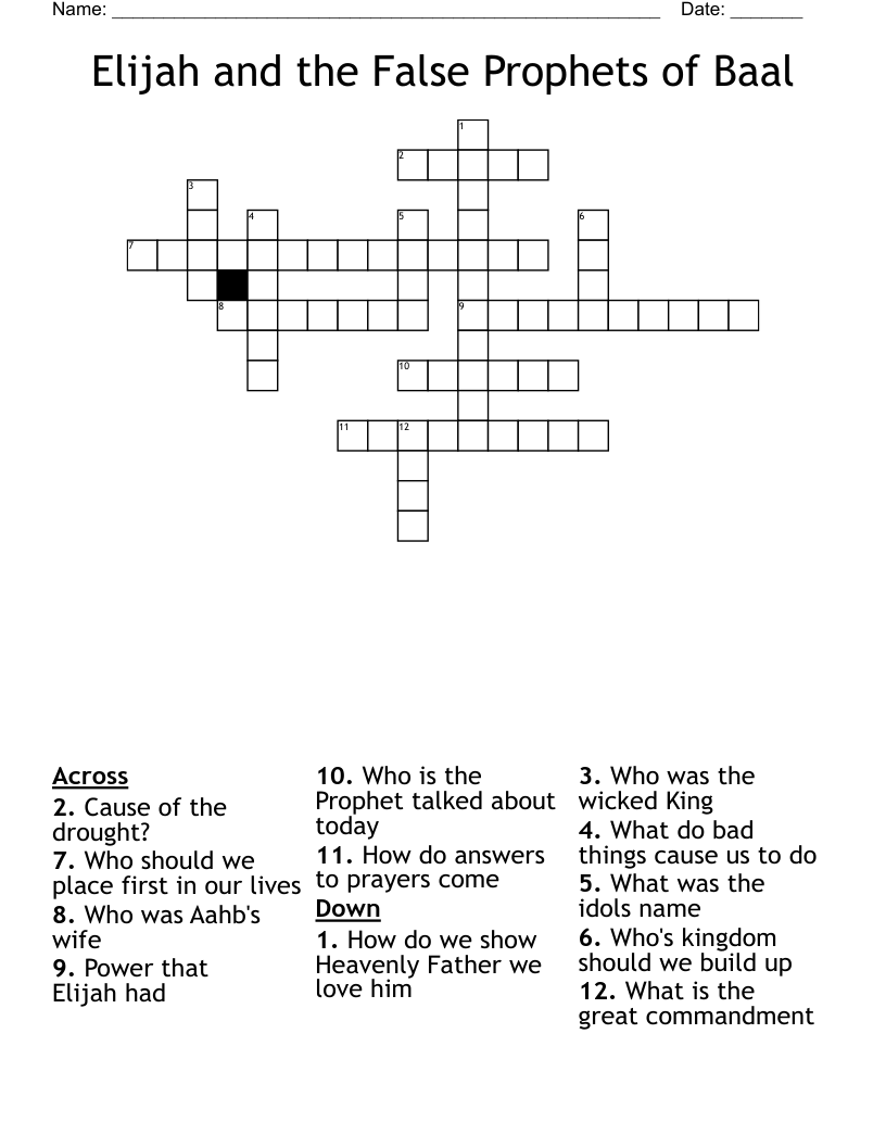 Elijah and the False Prophets of Baal Crossword