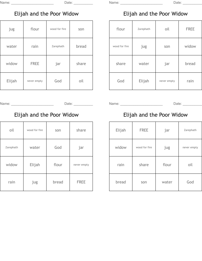 Elijah and the Poor Widow Bingo Cards