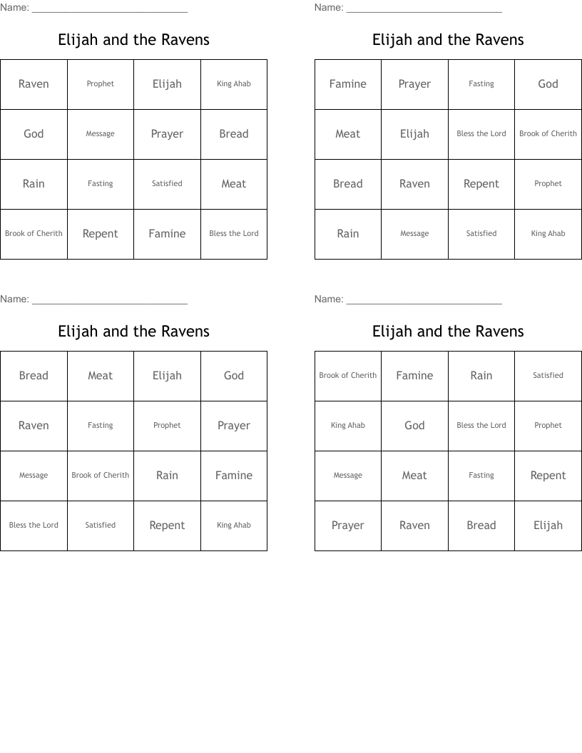 Elijah and the Ravens Bingo Cards