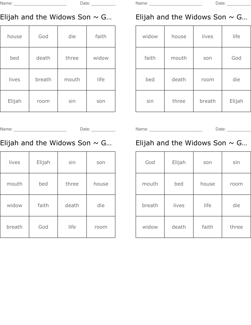 Elijah and the Widows Son ~ God Care and Keeping Bingo Cards
