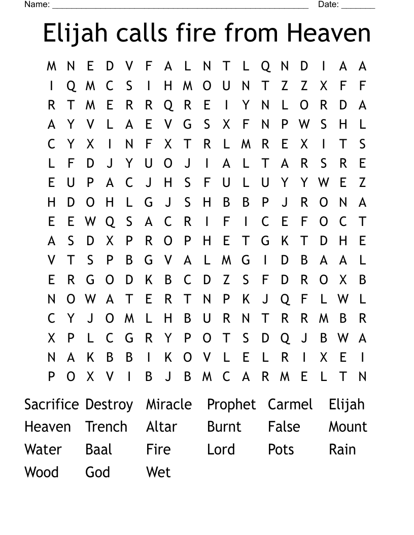 Elijah calls fire from Heaven Word Search