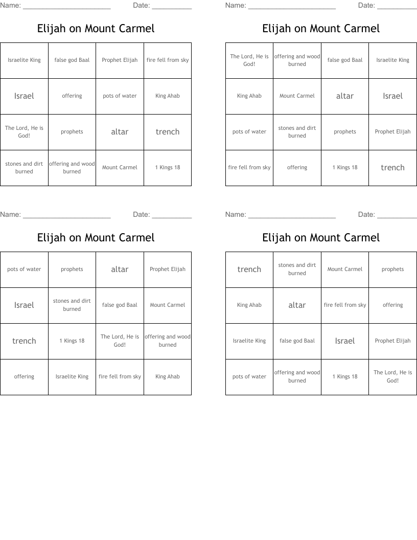 Elijah on Mount Carmel Bingo Cards