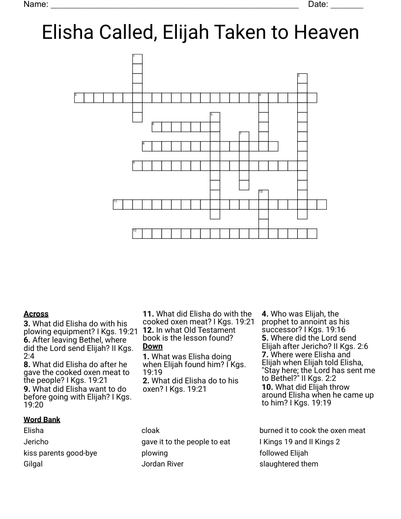 Elisha Called, Elijah Taken to Heaven Crossword