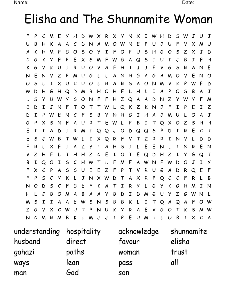 Elisha and The Shunnamite Woman Word Search