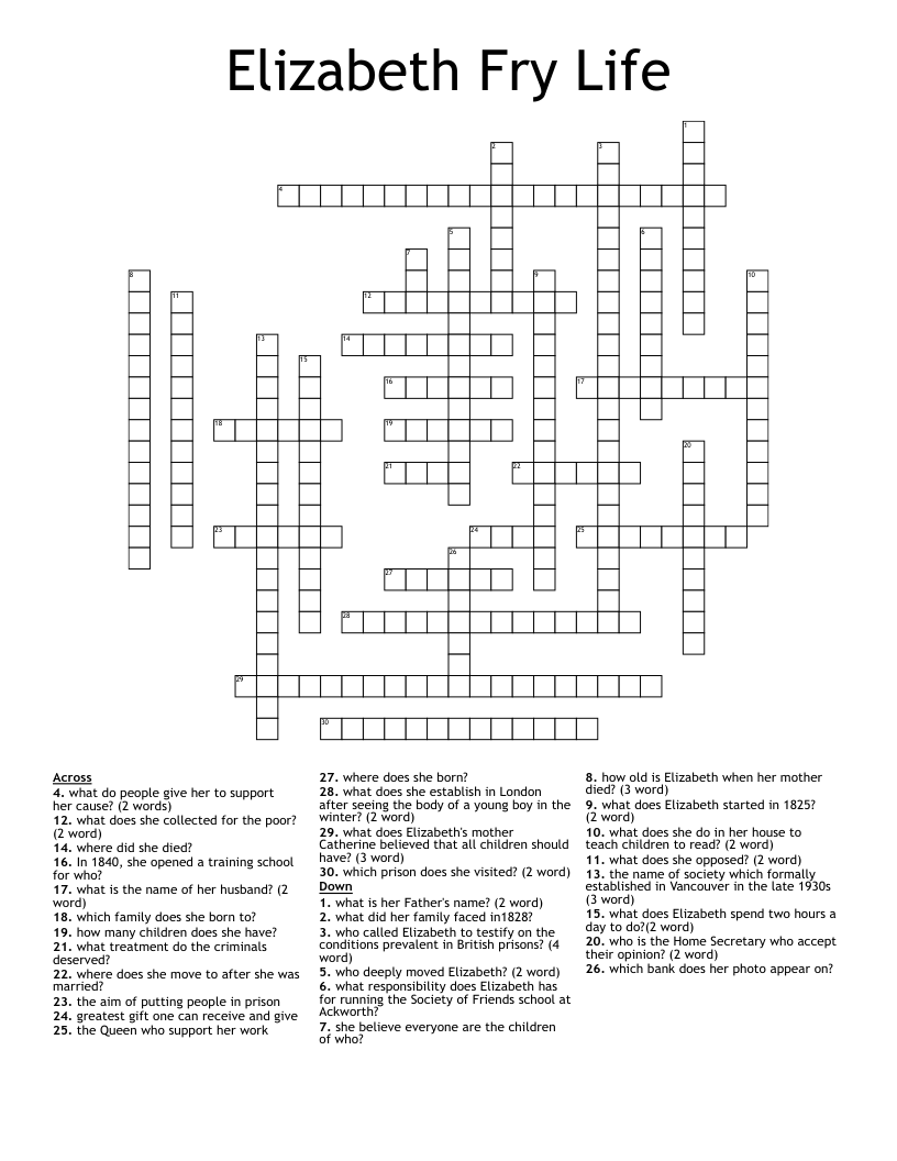 Elizabeth Fry Life Crossword