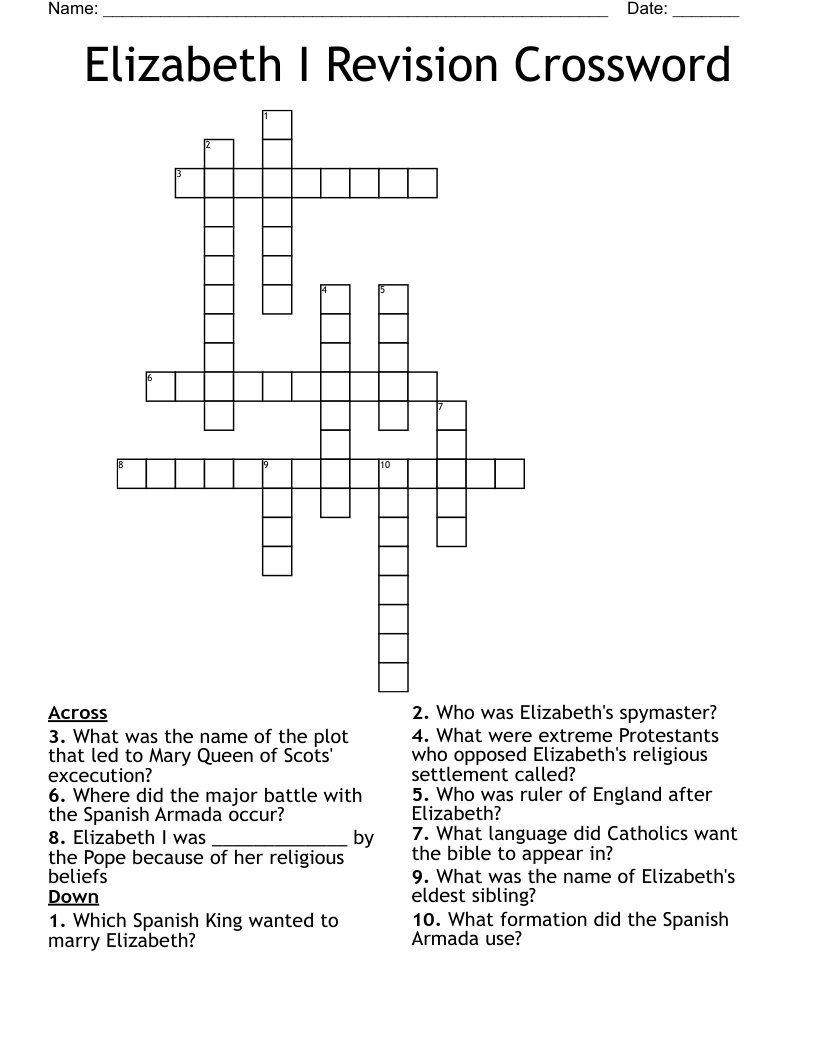 Elizabeth I Revision Crossword