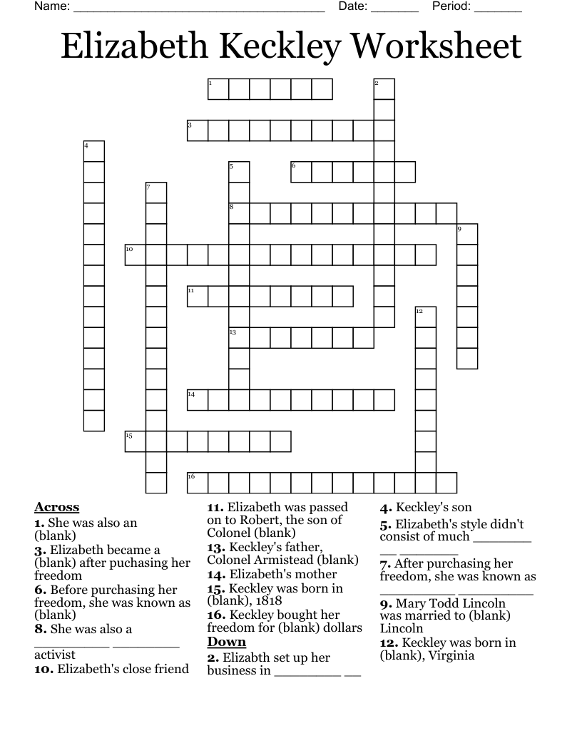 Elizabeth Keckley Worksheet Crossword