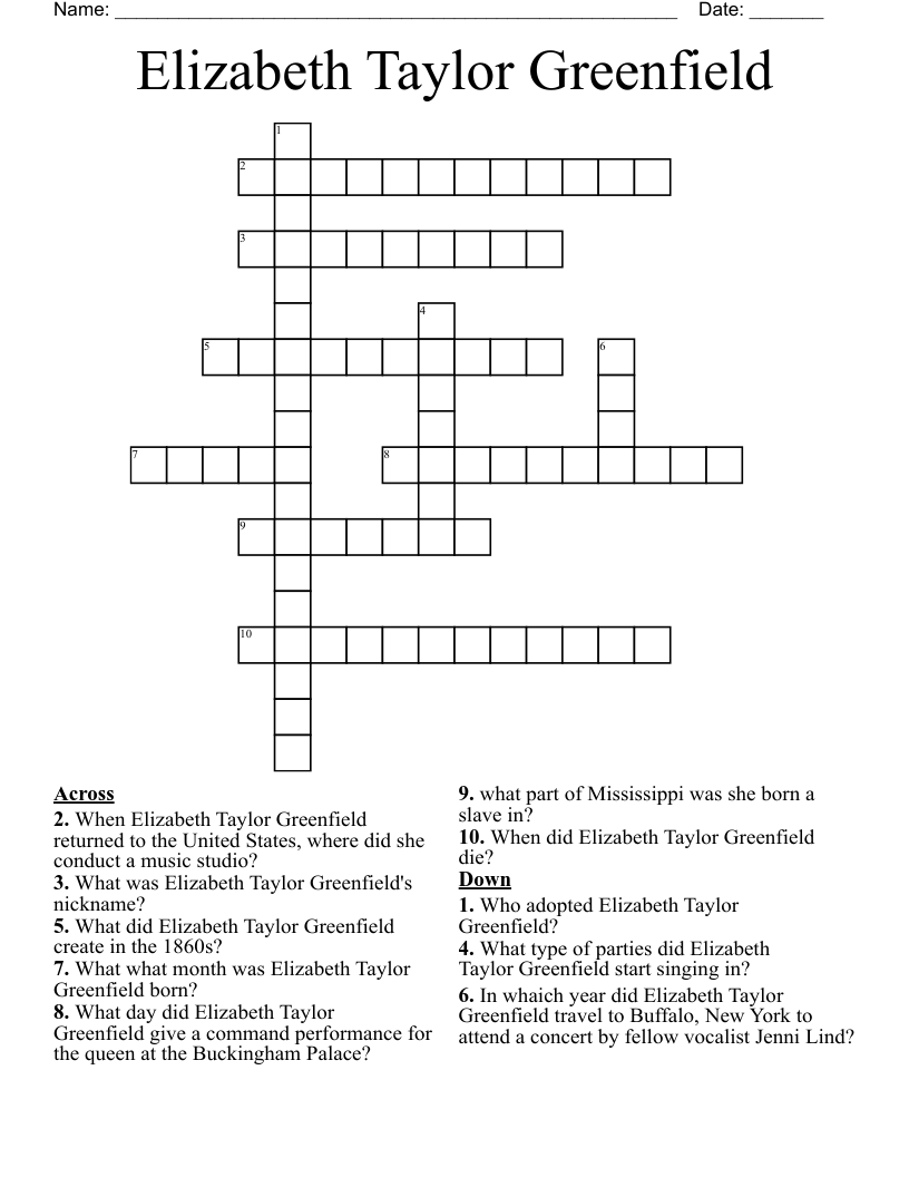Elizabeth Taylor Greenfield Crossword