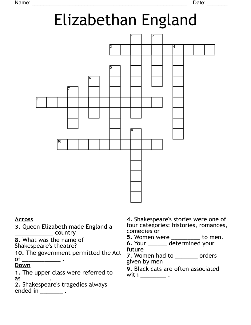 Elizabethan England Crossword