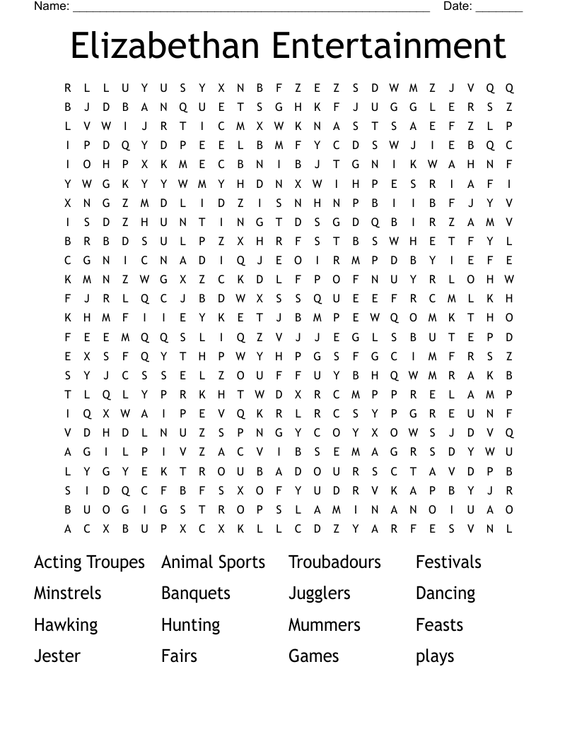 Elizabethan Entertainment Word Search