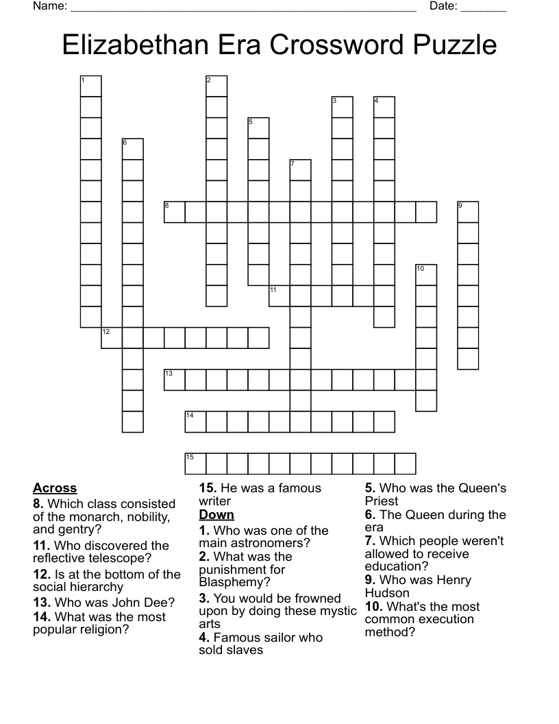 Elizabethan Era Crossword Puzzle 