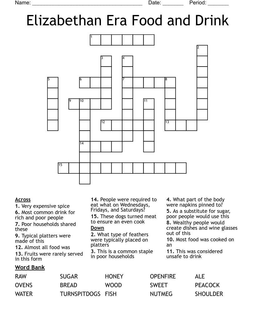 Elizabethan Era Food and Drink Crossword