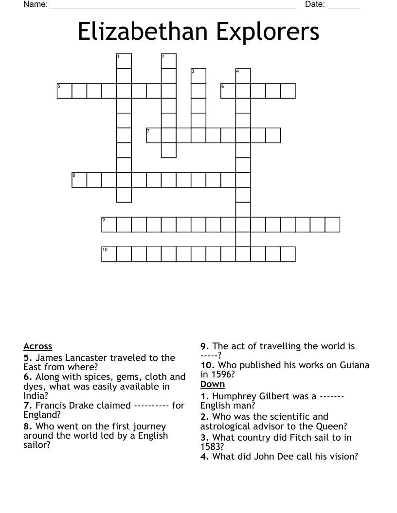 Elizabethan Explorers Crossword