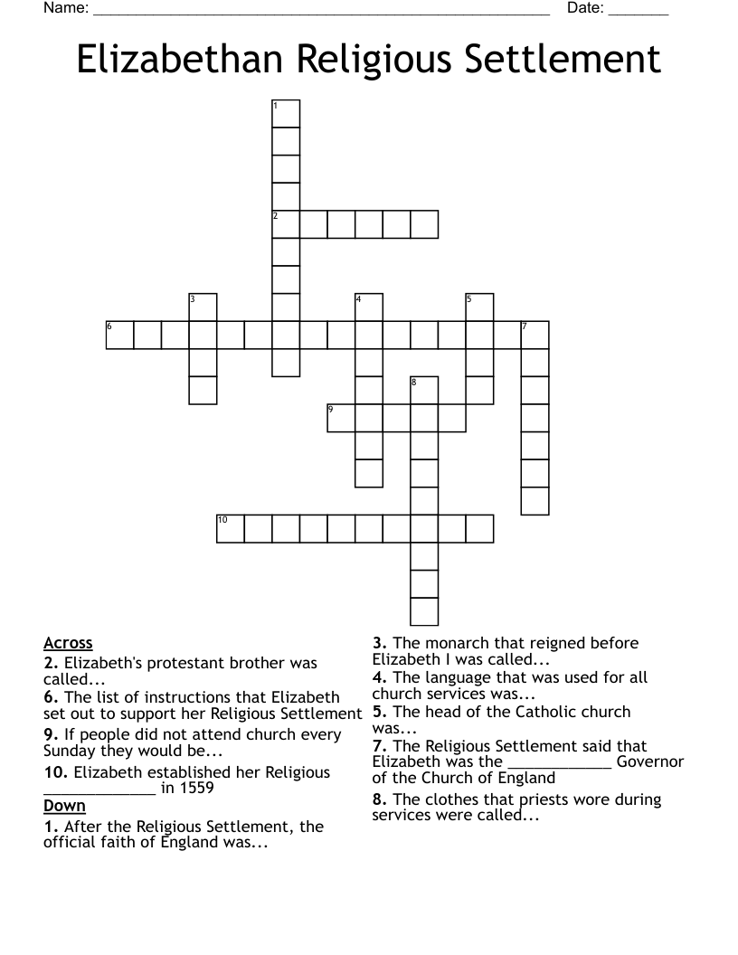 Elizabethan Religious Settlement Crossword