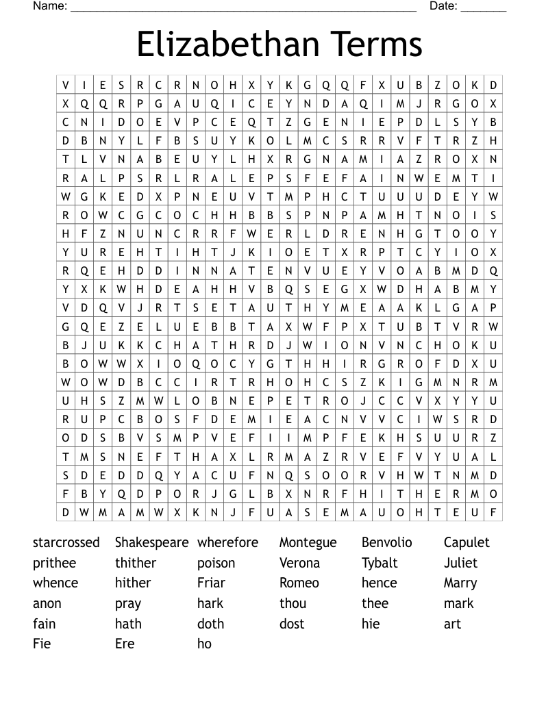 Elizabethan Terms Word Search