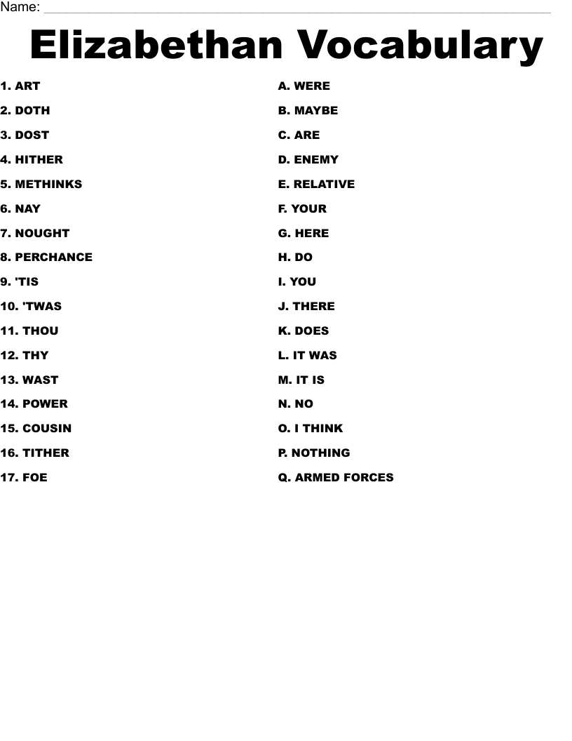 Elizabethan Vocabulary Worksheet