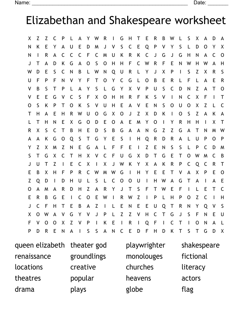 Elizabethan and Shakespeare worksheet Word Search
