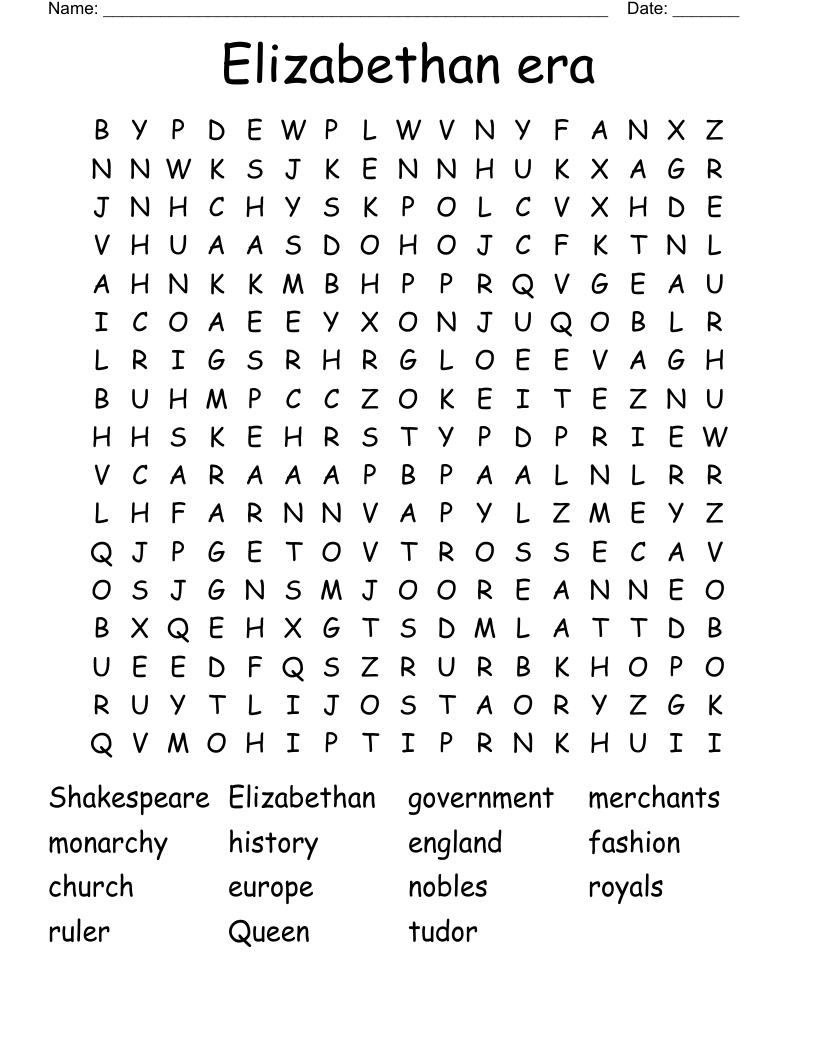 Elizabethan era Word Search