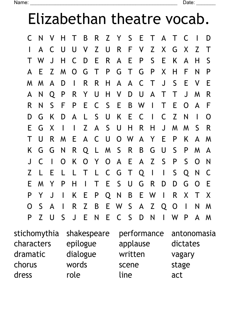 Elizabethan theatre vocab. Word Search